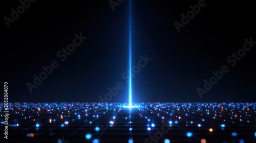 Intense blue light beam emanates upward from a digitally illuminated grid surface
