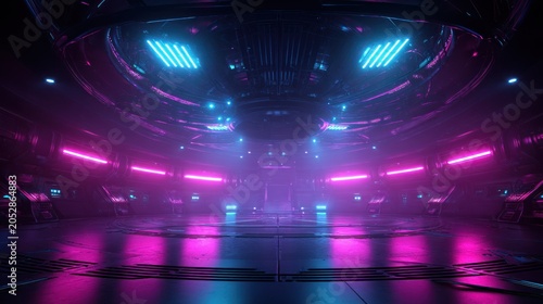 Interior view of a futuristic, darkly lit chamber glowing with neon illumination