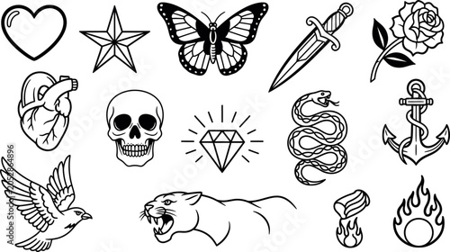 Vintage flash tattoo set with heart skull butterfly rose snake and animal illustrations isolated on transparent background