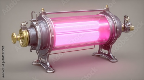 Ornate antique apparatus housing a glowing pink light tube sits on a neutral surface