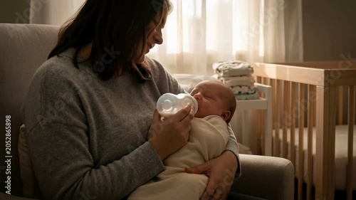 Mother bottle feeding swaddled newborn baby in nursery armchair