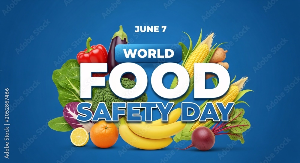 Fototapeta premium World food safety day poster with fresh fruits and vegetables on blue background