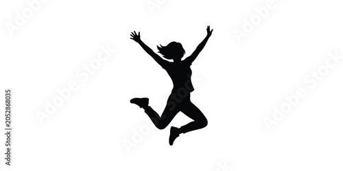 Joyful Woman Silhouette Jumping High on White Background