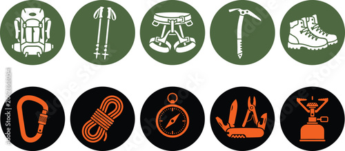 Set of ten flat circular icons featuring essential outdoor hiking and mountain climbing camping equipment