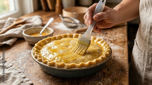 Applying Egg Wash to Homemade Savory Pie Before Baking