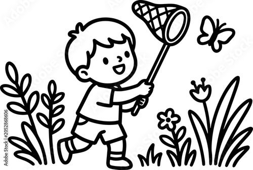 Fotografie Happy boy catching butterfly with net in garden, illustration for kids