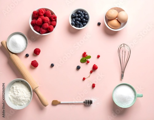 Baking ingredients with fresh berries and flour on pink background flat lay