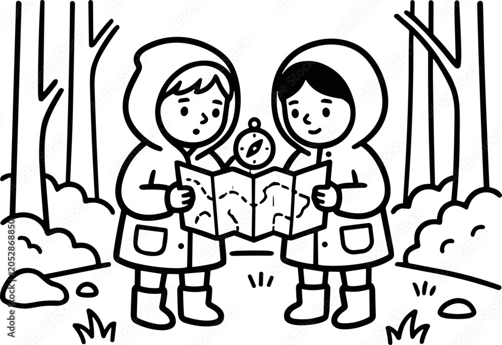 Fototapeta premium Two children in raincoats looking at a map and compass in a forest