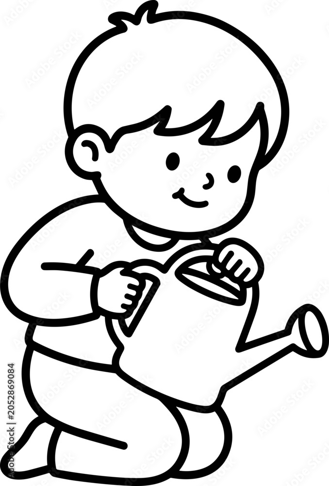 Fototapeta premium Cute Boy Watering Plants with Watering Can - Line Art Illustration