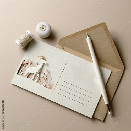 Minimal Goat Postcard Mockup with Pencil and Kraft Envelope for Greeting Design