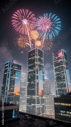Spectacular Fireworks Display Over Modern City Skyline at Night - Realistic Urban Celebration with Heart-Shaped Bursts