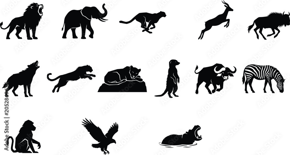 Fototapeta premium African Wildlife Animals Black Silhouette Icons Set - Safari Vector Illustrations
