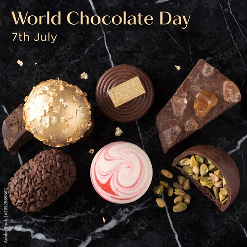 World Chocolate Day Celebration with Assorted Gourmet Chocolates on Elegant Dark Marble Background, World Chocolate Day 7th july.