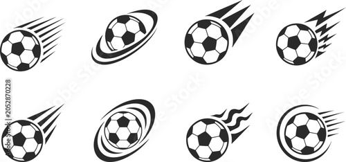 Foto Collection of eight stylized soccer ball icons with dynamic motion trails and or