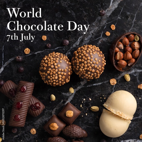 World Chocolate Day Celebration with Assorted Gourmet Chocolates on Elegant Dark Marble Background, World Chocolate Day 7th july.