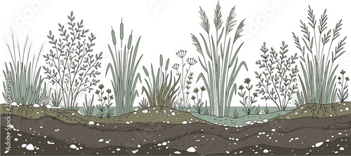 Hand drawn illustration of wild wetland grasses and reeds with cross section landscape design botanical art botanical landscape cattails background environment vegetation illustration