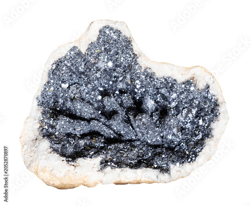 Fotografie raw piece of geode with galena and iron pyrite crystals cutout on white backgrou
