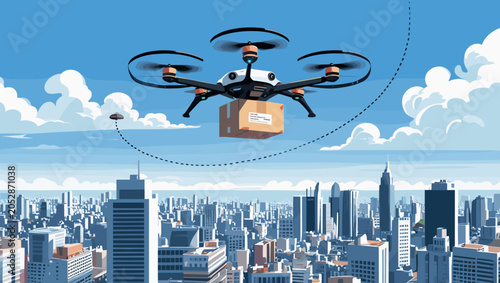 Drone delivering a package over a city skyline in a futuristic style