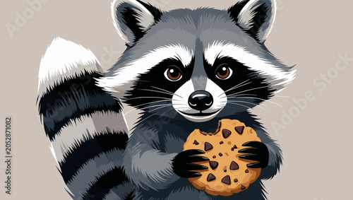 Raccoon cartoon character smiling while holding a cookie on a neutral background