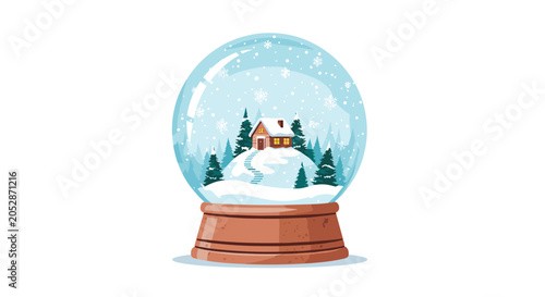 Festive Christmas snow globe contains a cozy small cabin tucked into a snowy forest during a peaceful winter snowfall.