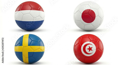 Footballs with the flags of the Netherlands, Sweden, Japan and Tunisia