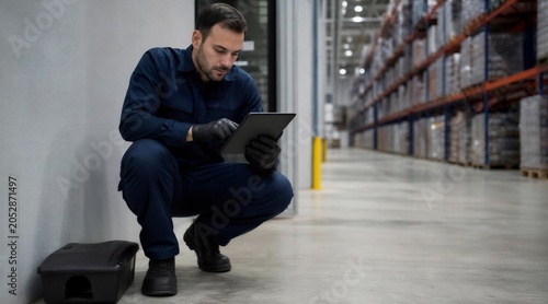 Pest control technician inspecting warehouse using digital tablet