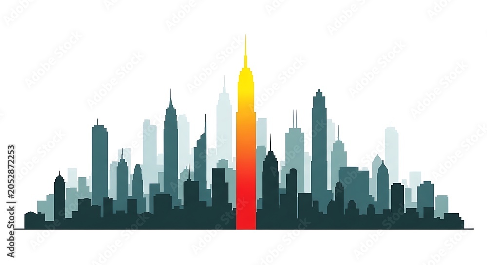Fototapeta premium A stylized cityscape silhouette with a central skyscraper highlighted in a gradient of orange