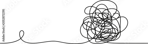 Single continuous black line forming a tangled knot on a white background representing complexity and confusion