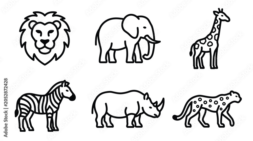 Obraz premium Safari animals represent a collection of wild creatures including a lion, an elephant, a giraffe, a zebra, and a rhino.