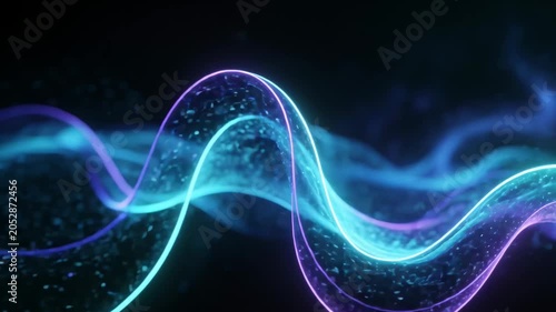 Glowing blue neon waves flowing through dark space. Abstract digital fluid motion with particles. Science background showing energy flow and technical visualization.