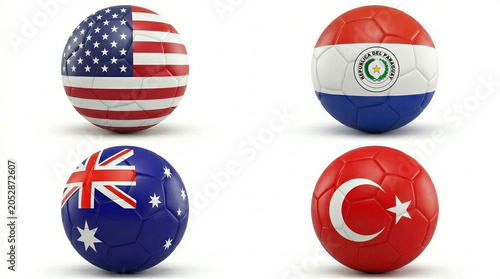 Soccer balls with the flags of the United States, Australia, Paraguay, and Turkey
