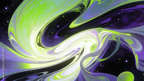 Swirling cosmic nebula with flowing green and purple liquid. Abstract space background featuring liquid galaxy patterns. Science fiction art for creative project.