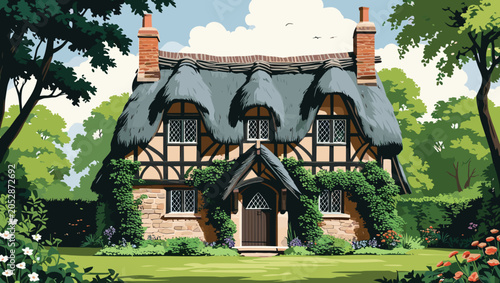 Thatched cottage surrounded by greenery in a sunny landscape