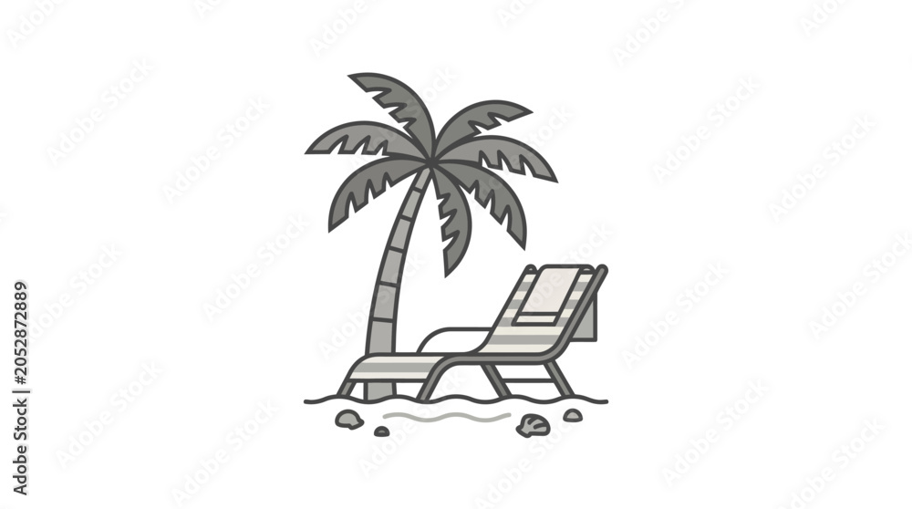 Obraz premium Tropical beach chair under a lone palm tree illustration.