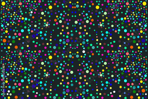 Beautiful abstract wallpaper featuring vibrant multicolored circles and glowing rings on a deep black background. Created in Adobe Photoshop, this modern design offers a striking, (Not made with AI)