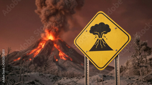 Volcanic Eruption Warning Sign with Active Volcano in Background