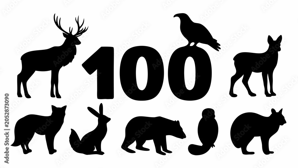 Obraz premium Black silhouettes of various animals and the number 100