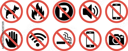 Ten Red Circular Prohibition Signs Featuring No Dogs Fire Parking Loud Speaker Mobile Phone Hand Wi Fi Smoking Camera