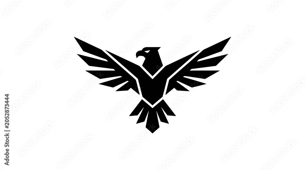 Fototapeta premium Black eagle silhouette spreading wings on white background