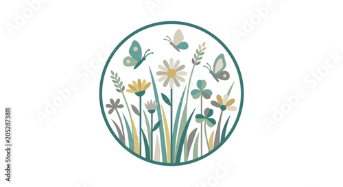 Wildflowers and butterflies in circular botanical badge.
