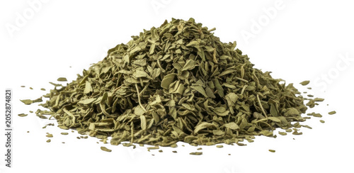 Heap of organic dried green basil seasoning with a natural crushed texture isolated transparent background image