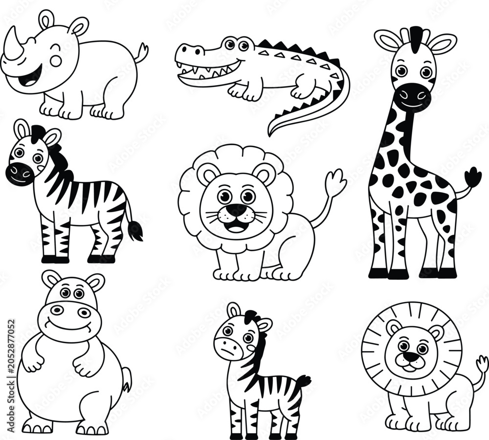 Obraz premium A professional minimalist vector outline set featuring cute cartoon safari animals coloring book icons