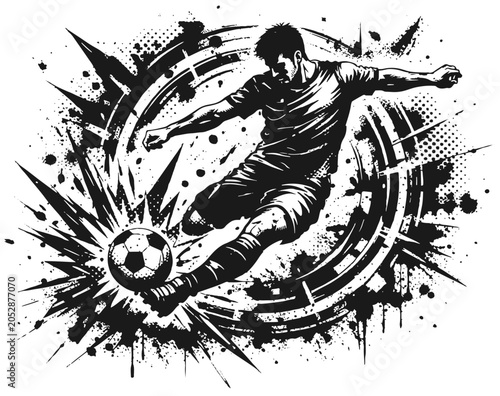 High-energy black and white illustration of a basketball player soaring for a dunk against a dramatic paint-splatter background