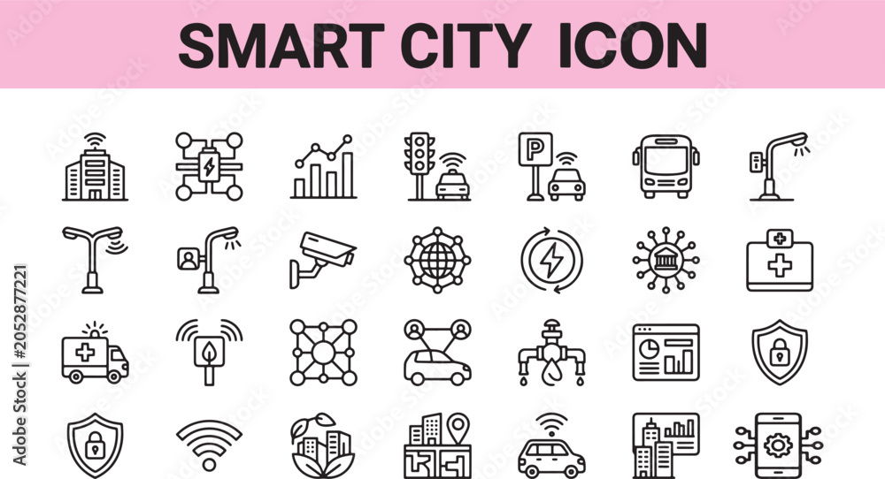 Fototapeta premium Smart city icon set featuring digital infrastructure technology symbols for urban development planning and modern internet connectivity vector illustration