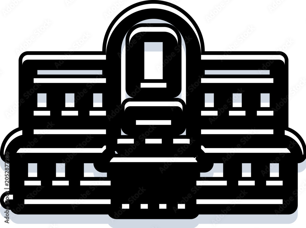 Naklejka premium Historic public building icon with classical columns and pediment, symbolizing government, law, finance, culture and civic institutions in a clean vector outline illustration