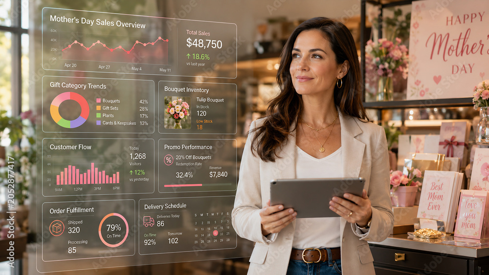 Female business owner analyzing sales data on a digital holographic interface in a flower shop