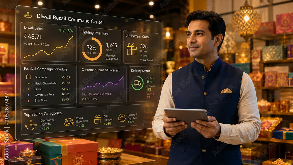 Indian Businessman Managing Diwali Retail Sales via Digital Holographic Dashboard