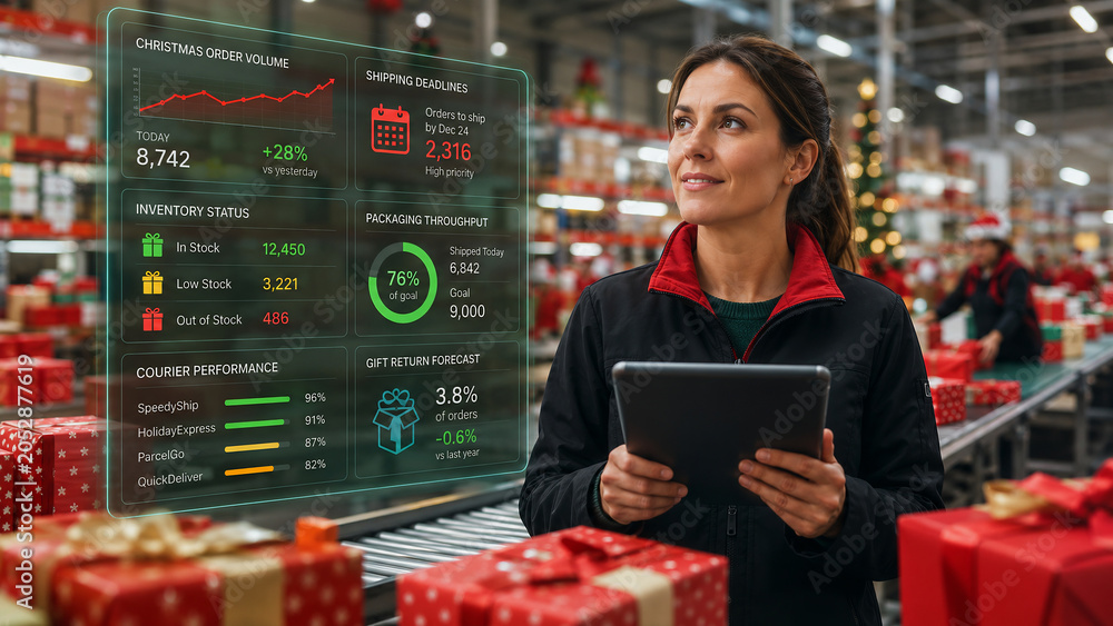 Woman manager using digital dashboard for Christmas logistics and warehouse inventory management