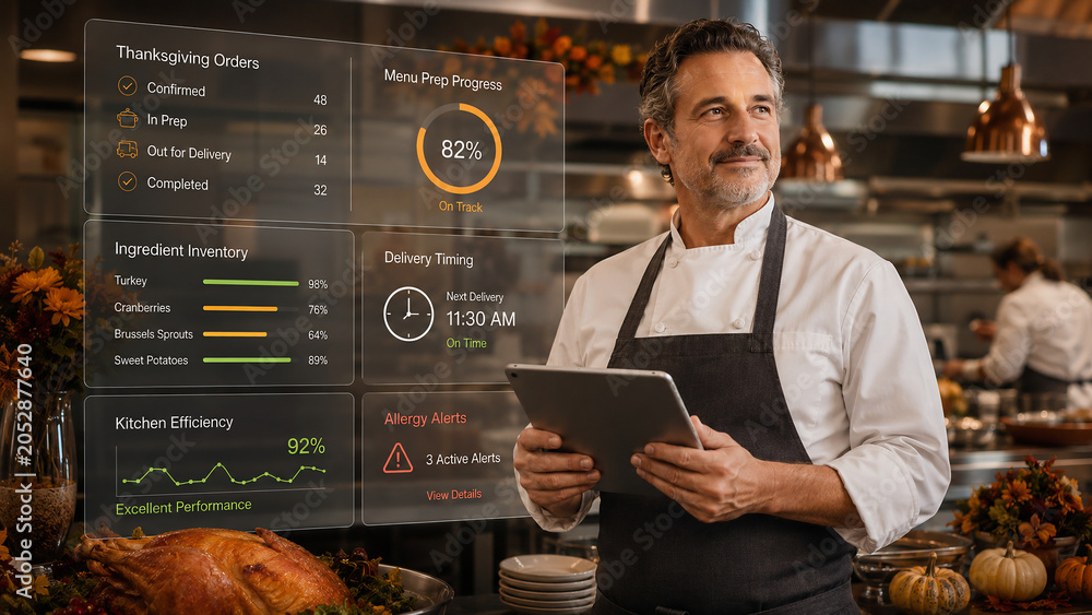 Professional Chef Using Digital Tablet and Holographic Interface for Kitchen Management
