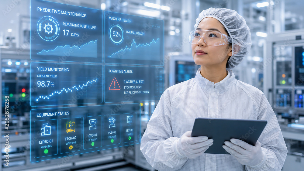 Female Engineer in Cleanroom Using Digital Dashboard for Predictive Maintenance and Industrial Monitoring